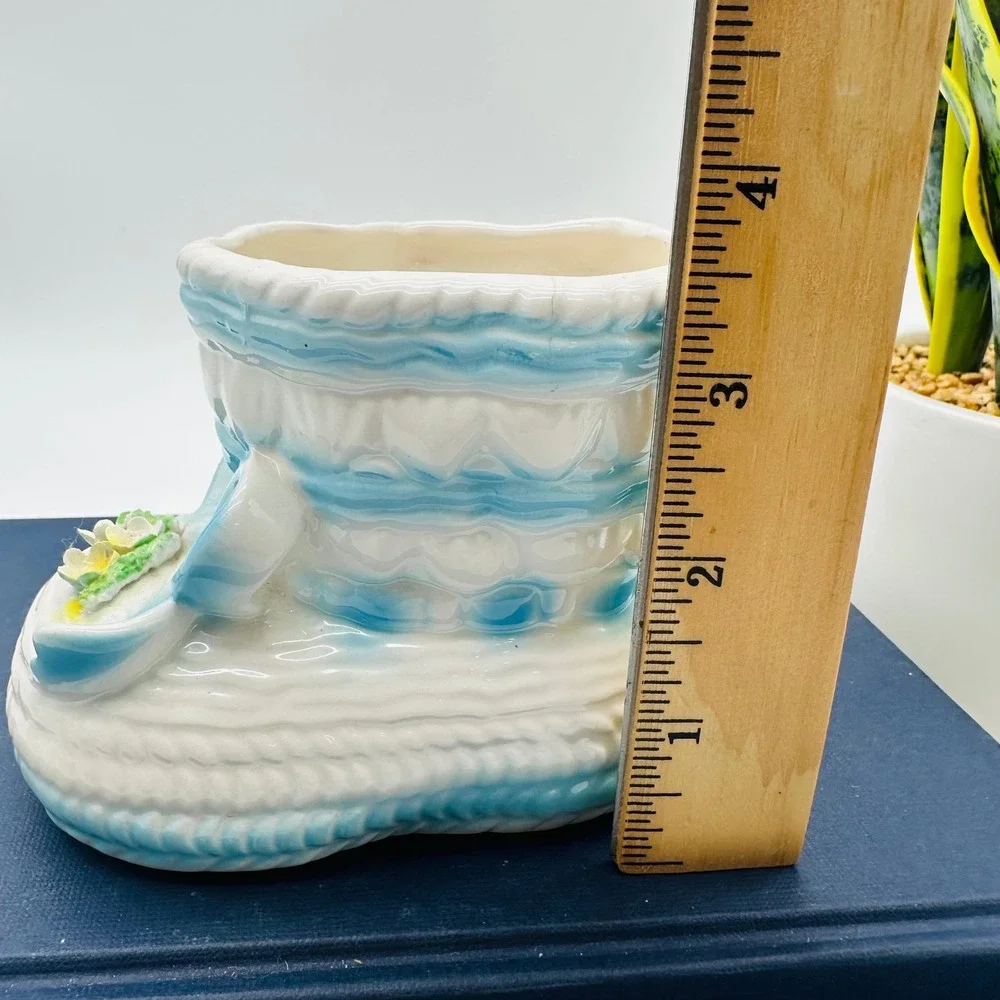 Rubens Japan Vintage Ceramic Baby Bootie Planter Blue White Floral 300